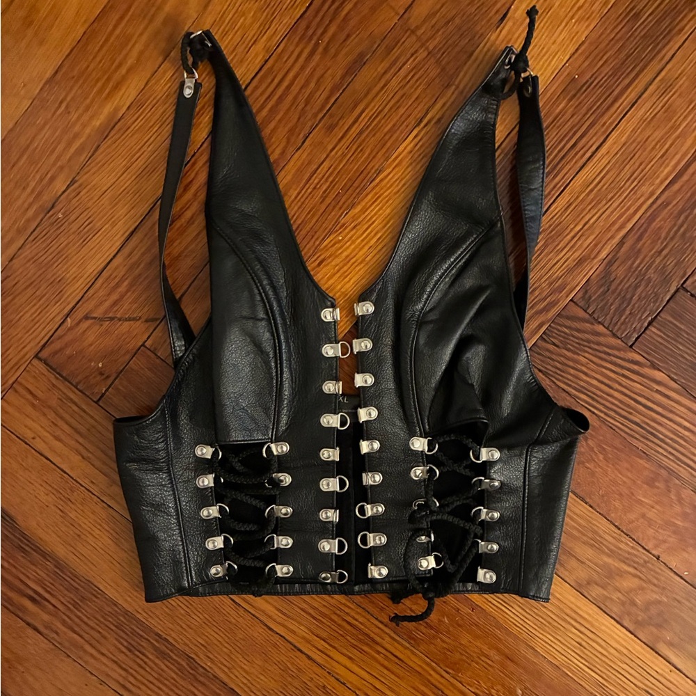 Black Leather Corset Top with Silver Accents